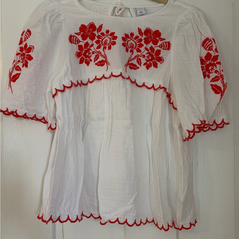 Embroidered White and Red Women's Top